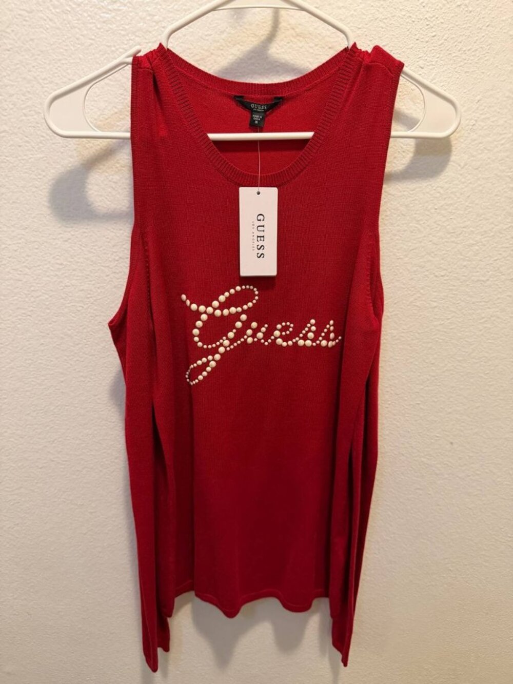 NWT Guess Red Cold-Shoulder Pearl Logo Knit Sweater Size M